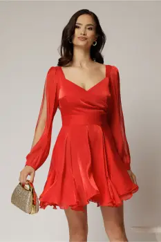 Rochie scurta rosu corai de ocazie cu fusta cu volanase si manecile lungi crapate imagine