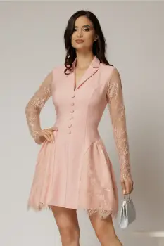 Rochie scurta roz cu maneci din dantela si nasturi decorativi imagine