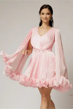 Rochie scurta roz de ocazie cu aplicatii florale pe talie din voal peliculizat imagine