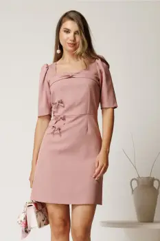 Rochie scurta roz din stofa cu fundite imagine