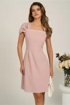 Rochie scurta roz din stofa evazata cu perlute la bust- Moze imagine