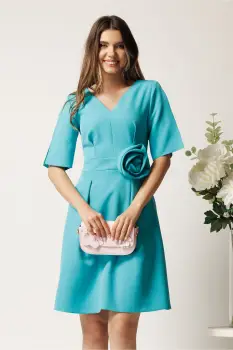 Rochie scurta turcoaz din stofa cu trandafir si pliuri in talie- Moze imagine
