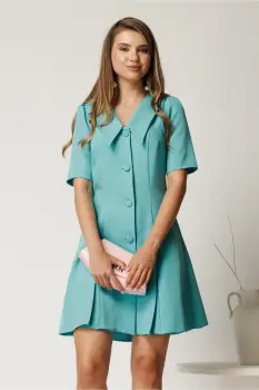 Rochie scurta turcoaz din stofa in clini cu nasturi si guler maxi imagine