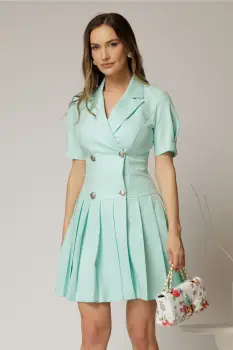 Rochie scurta turcoaz tip sacou cu pliuri pe fusta imagine