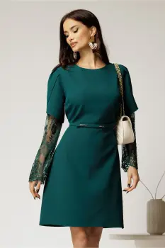 Rochie scurta verde cu maneci din dantela si curea in talie imagine