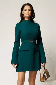 Rochie scurta verde din stofa cu clapete tip buzunare si curea in talie imagine