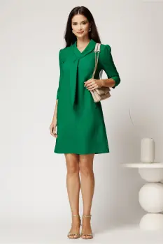 Rochie scurta verde din stofa cu croi cambrat si guler tip esarfa imagine