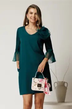 Rochie scurta verde din stofa cu mansete din voal plisat si floare maxi imagine