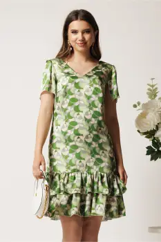 Rochie scurta verde din voal lejera cu print bej si volane la baza- Moze imagine