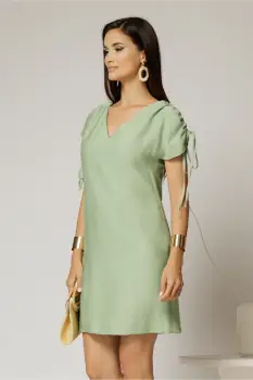 Rochie scurta verde fistic cu croi drept din rayon cu decolteu in V si snur la maneci imagine