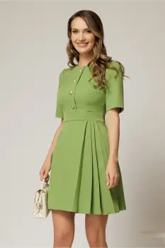 Rochie scurta verde lime cu pliuri pe fusta si nasturi pe bust imagine