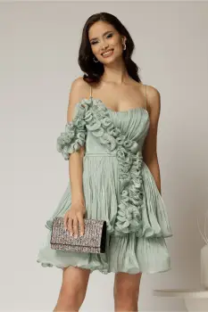 Rochie scurta verde menta de ocazie cu volanas pe umar din voal peliculizat imagine