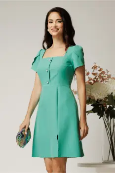 Rochie scurta verde mint din stofa cu nasturi decorativi la bust imagine