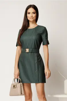 Rochie scurta verde pin din stofa cu dungi si curea in talie imagine