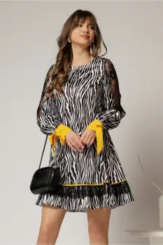 Rochie scurta zebra print din satin cu detalii galbene imagine