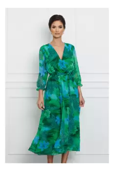 Rochie Serena verde cu animal print si flori albastre imagine