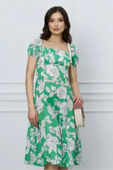 Rochie Simona verde cu imprimeu floral alb imagine