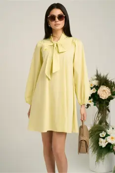 Rochie smart-casual din bumbac galbena cu funda imagine