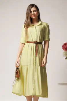 Rochie smart-casual din viscoza galbena tip camasa cu nasturi si curea imagine