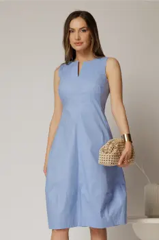 Rochie tip sarafan bleu cu decupaj la bust si fusta gogosar din poplin imagine