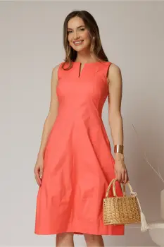 Rochie tip sarafan oranj cu decupaj la bust si fusta gogosar din poplin imagine