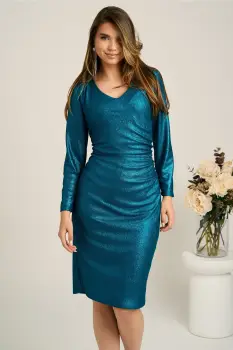 Rochie turcoaz conica din lurex cu fronseu- Viada imagine