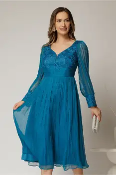Rochie turcoaz de seara din matase naturala cu broderie la bust imagine
