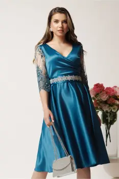 Rochie turcoaz din tafta in clos cu cordon in talie- Ella Collection Adria imagine