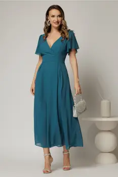Rochie turcoaz lunga de ocazie din voal cu decolteul petrecut imagine