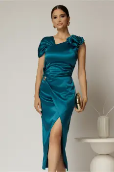 Rochie turcoaz midi de ocazie din tafta cu croi petrecut imagine