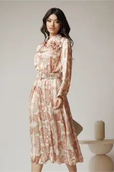 Rochie vaporoasa de zi din satin ivory cu imprimeuri bej si floare maxi imagine