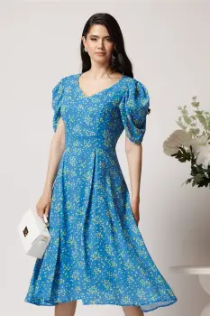 Rochie vaporoasa din viscoza albastra cu flori galbene imagine