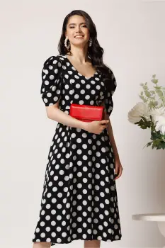 Rochie vaporoasa din viscoza neagra cu buline albe imagine
