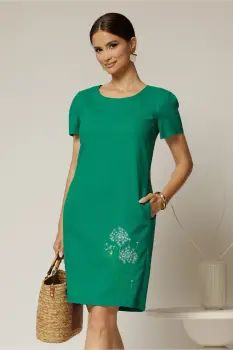 Rochie verde din in cu flori brodate si croi drept imagine