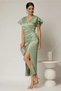 Rochie verde fistic cu croi mulat din tafta si aplicatii pe talie imagine