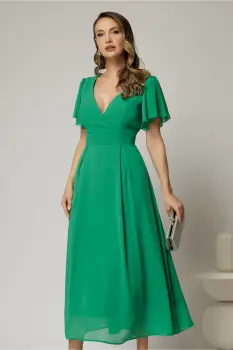 Rochie verde lunga de ocazie din voal cu decolteul petrecut imagine