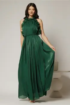 Rochie verde lunga de ocazie din voal peliculizat cu cordon impletit imagine