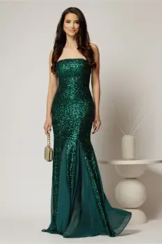 Rochie verde lunga de seara din paiete cu bretele subtiri si insertii de voal pe fusta imagine
