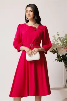 Rochie Viada din voal fucsia cu funda la bust si cordon in talie imagine