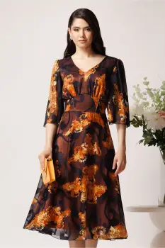 Rochie Viada din voal negru cu dublura maro si imprimeuri imagine