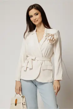 Sacou bej cu floare la bust si cordon in talie imagine