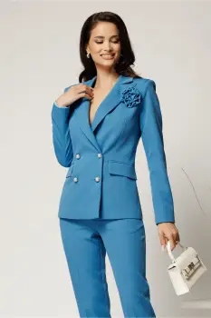 Sacou bleu din stofa cu croi cambrat si floare pe bust imagine