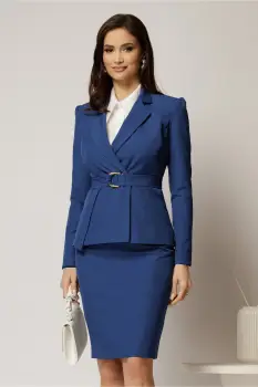 Sacou DY Fashion albastru cambrat cu inchidere cu nasturi si cordon cu catarama imagine