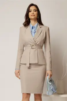 Sacou DY Fashion bej cambrat cu inchidere cu nasturi si cordon cu catarama imagine