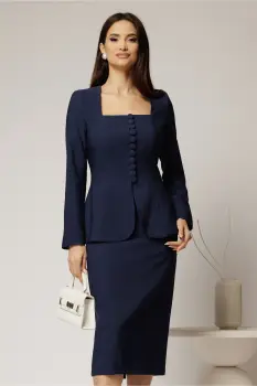 Sacou DY Fashion bleumarin cambrat cu peplum si inchidere cu nasturi imagine