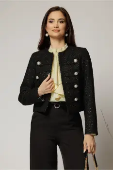 Sacou DY Fashion negru din tweed si nasturi decorativi imagine