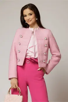 Sacou DY Fashion roz din tweed si nasturi decorativi imagine