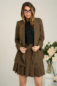 Sacou Moze office din stofa cu imprimeu pepit maro-negru imagine