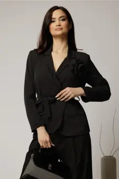 Sacou negru cu floare la bust si cordon in talie imagine