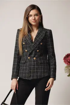 Sacou office din tweed negru cu carouri si fir lurex imagine